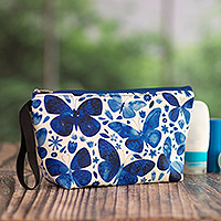 Printed toiletry bag, 'Fluttering Hope' - Printed Blue Butterfly Toiletry Bag with Zipper Closure