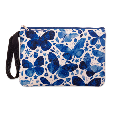 Printed Blue Butterfly Wristlet with Zipper Closure