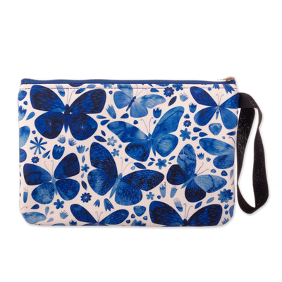 Printed wristlet, 'Fluttering Hope' - Printed Blue Butterfly Wristlet with Zipper Closure