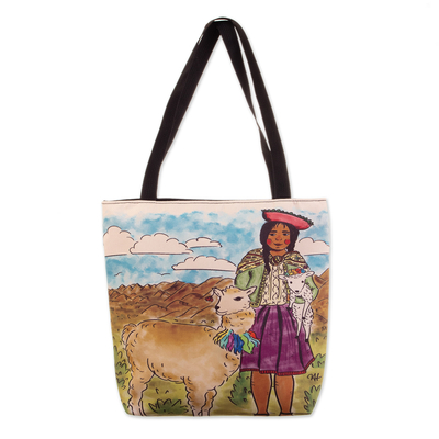 Printed tote bag, 'Breathtaking Home' - Printed Andean Landscape Tote Bag with Zipper Closure