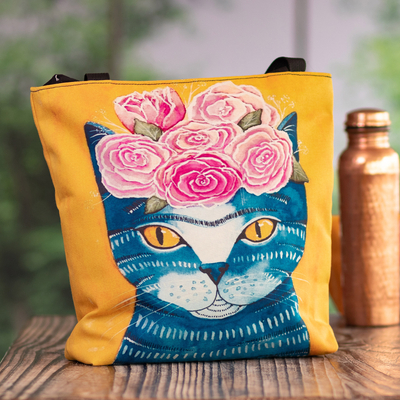 Printed tote bag, 'Feline Passion' - Tote Bag with Zipper and Cat with Rose Crown Print