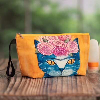 Printed toiletry bag, 'Feline Passion' - Toiletry Bag with Zipper and Cat with Rose Crown Print