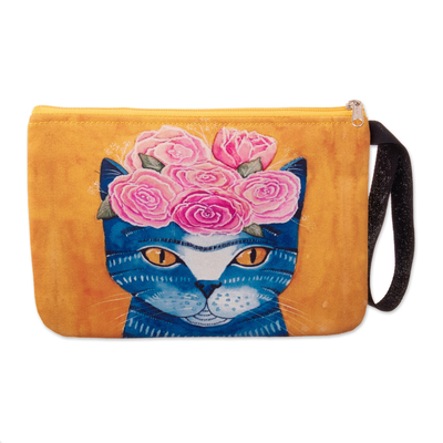 Wristlet with Zipper and Cat with Rose Crown Print