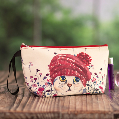 Printed toiletry bag, 'Adorable Purr' - Toiletry Bag with Zipper and Adorable Kitten Print