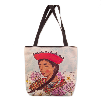Bolso tote estampado - Tote Bag con Estampado Dama Andina y Motivos Florales