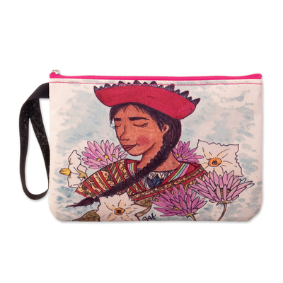 Printed wristlet, 'Lady Andes' - Wristlet with Andean Lady Print and Floral Motifs