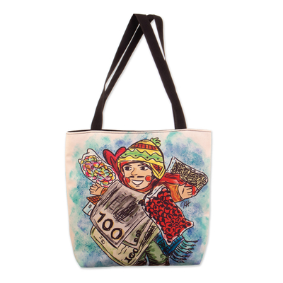 Printed tote bag, 'Frugal Celebration' - Tote Bag with Frugal Ekeko Print and Zippered Closure