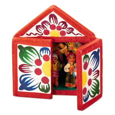 Wood and ceramic mini-retablo, 'Ayacucho Music Fest' - Music Festival Mini Retablo Hand-Painted in Peru
