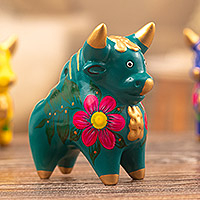 Ceramic figurine, 'Prosperity Bull' - Hand-Painted Green Petite Floral Ceramic Pucara Bull