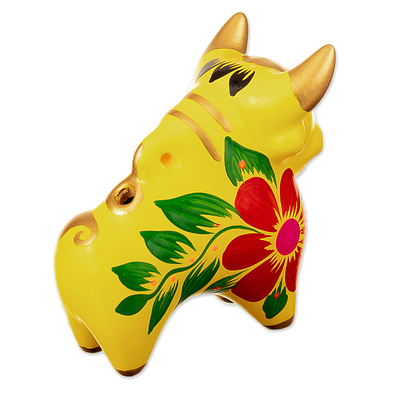 Ceramic figurine, 'Lucky Bull' - Petite Yellow Hand-Painted Ceramic Pucara Bull Figurine