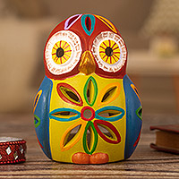 Ceramic tealight candle holder, 'Rainbow Owl' - Ceramic Owl Tealight Candle Holder Hand-Painted in Peru