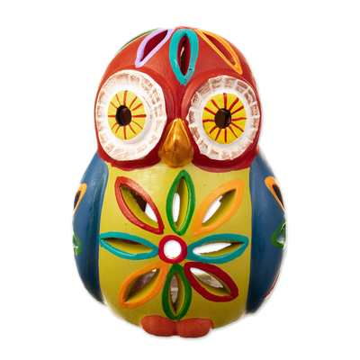 Ceramic tealight candle holder, 'Rainbow Owl' - Ceramic Owl Tealight Candle Holder Hand-Painted in Peru