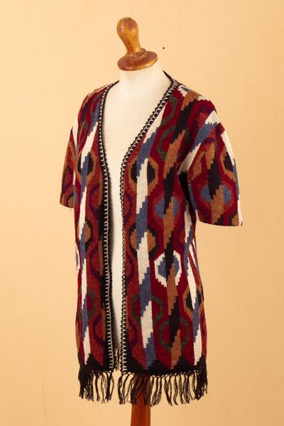 100% alpaca kimono cardigan, 'Ceremonial Icons' - Inca-Inspired 100% Alpaca Cardigan Sweater in a Kimono Style