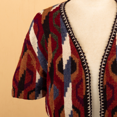 Cárdigan kimono 100% alpaca, 'Iconos ceremoniales' - Suéter cárdigan 100% alpaca inspirado en los incas en un estilo kimono
