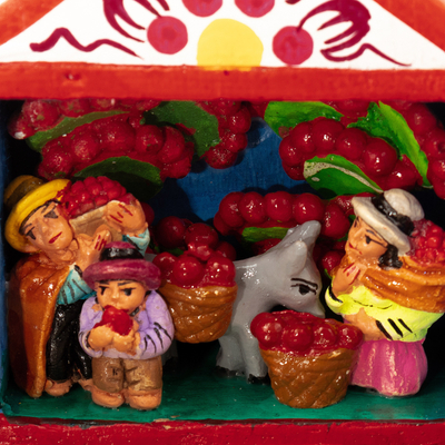 Wood and ceramic mini-retablo, 'Prickly Pear Harvest' - Prickly Pear Harvest Scene Handcrafted Andean Retablo