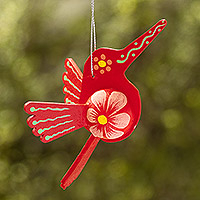 Wood ornament, 'Scarlet Hummingbird' - Red Hand-Painted Hummingbird Hanging Ornament