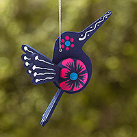 Wood ornament, 'Sapphire Hummingbird' - Blue Hand-Painted MDF Hummingbird Christmas Ornament