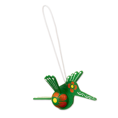 Wood ornament, 'Emerald Hummingbird' - Green Hand-Painted Hummingbird Christmas Ornament