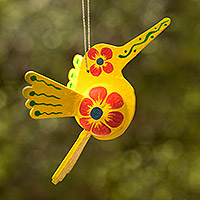 Wood ornament, 'Sunshine Hummingbird' - Yellow Hand-Painted Hummingbird Hanging Ornament