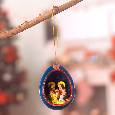 Ceramic ornament, 'Blue Nativity Egg' - Ceramic Nativity Christmas Ornament Hand-Painted in Peru