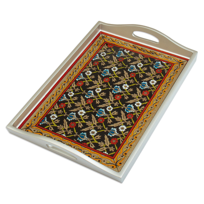 Reverse painted glass serving tray, 'Regal Elegance' - Reverse Painted Glass Floral Serving Tray Handmade in Peru