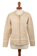 Alpaca blend sweater, 'Cultural Lines' - Beige Alpaca Blend Buttoned Sweater with Geometric Motifs