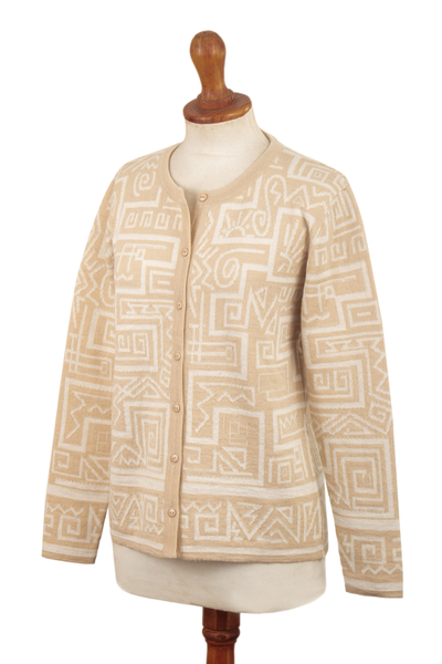 Alpaca blend sweater, 'Cultural Lines' - Beige Alpaca Blend Buttoned Sweater with Geometric Motifs
