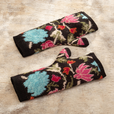 100% baby alpaca fingerless mittens, 'Ebony Baroque' - Baby Alpaca Fingerless Mitts with Floral Motifs