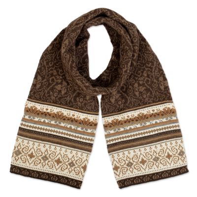 100% alpaca scarf, 'Autumn Charm' - Brown and Ivory 100% Alpaca Scarf with Floral Motifs