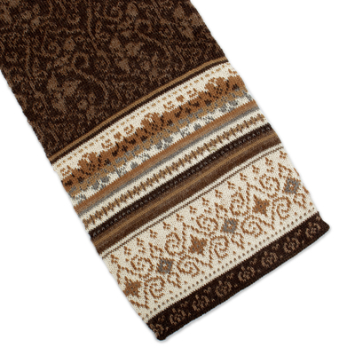 100% alpaca scarf, 'Autumn Charm' - Brown and Ivory 100% Alpaca Scarf with Floral Motifs