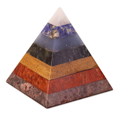Multigemstone statuette, 'Chakra Flow' - Petite Multi-gemstone Seven Chakras Pyramid Statuette