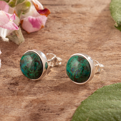 Chrysocolla stud earrings, 'Intuition Whim' - Polished Sterling Silver Stud Earrings with Chrysocolla Gems