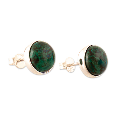 Chrysocolla stud earrings, 'Intuition Whim' - Polished Sterling Silver Stud Earrings with Chrysocolla Gems