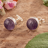 Amethyst stud earrings, 'Divine Whim' - Polished Sterling Silver Stud Earrings with Amethyst Stones