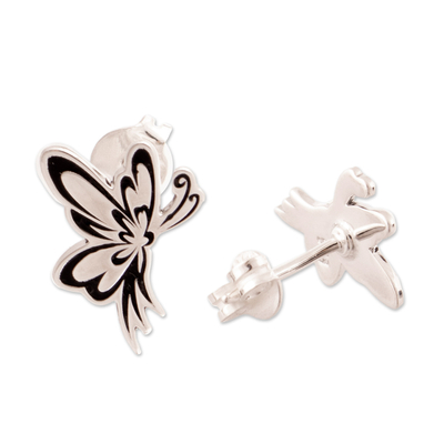 Sterling silver button earrings, 'Precious Transformation' - Sterling Silver Butterfly Button Earrings in Polished Finish