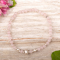 Rose quartz beaded bracelet, 'Romantic Woman' - Sterling Silver Beaded Bracelet with Rose Quartz Gems