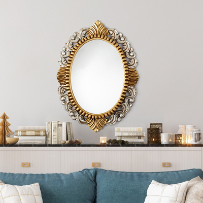 Wood wall mirror, 'Fantasy Queen' - Wood Wall Mirror with Polished Bronze and aluminium Accents