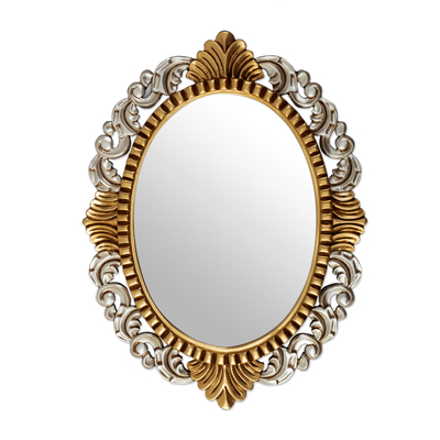 Wood wall mirror, 'Fantasy Queen' - Wood Wall Mirror with Polished Bronze and aluminium Accents