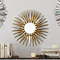 Wood wall accent mirror, 'Imperial Sunset' - Bronze and Aluminum Wall Accent Mirror Crafted from Wood