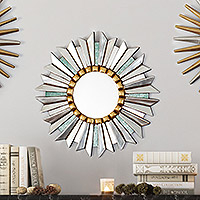 Wood and aluminum wall mirror, 'Lunar Blessing'
