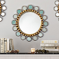 Wood and bronze wall mirror, 'Turquoise Planets' - Wood Wall Mirror with Bronze and Aluminum Accents from Peru