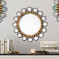 Wood and aluminum wall mirror, 'Dazzling Planets' - Wood Wall Mirror with Bronze and Aluminum Details from Peru