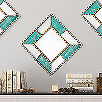 Wood and glass wall mirror, 'Paradise Dimension' - Reverse-Painted Glass Wall Mirror Crafted from Wood in Peru