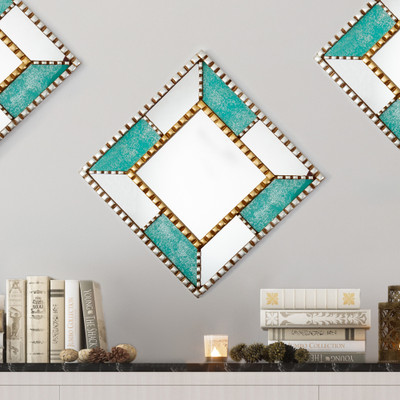 Wood and glass wall mirror, 'Paradise Dimension' - Reverse-Painted Glass Wall Mirror Crafted from Wood in Peru