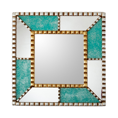 Wood and glass wall mirror, 'Paradise Dimension' - Reverse-Painted Glass Wall Mirror Crafted from Wood in Peru