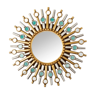 Wood and glass wall mirror, 'Turquoise Sunshine' - Wood Sun Wall Mirror with Aluminium and Bronze Accents