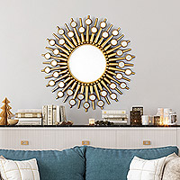 Wood and glass wall mirror, 'Ethereal Sunshine'