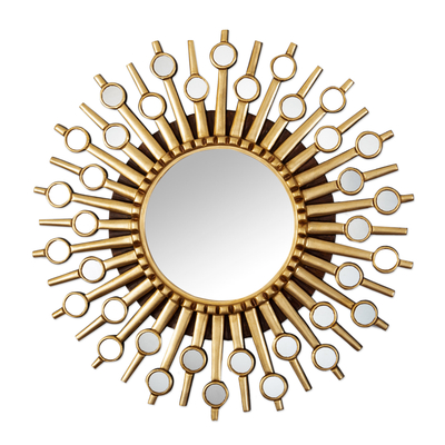 Wood and glass wall mirror, 'Ethereal Sunshine' - Wood Sun Wall Mirror with Bronze and Glass Accents