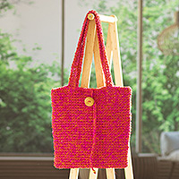 Jute knit shoulder bag, 'Vibrant Vibes' - Fuchsia Jute Knit Shoulder Bag with Wood Button and Bead