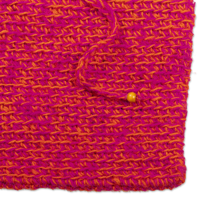 Jute knit shoulder bag, 'Vibrant Vibes' - Fuchsia Jute Knit Shoulder Bag with Wood Button and Bead
